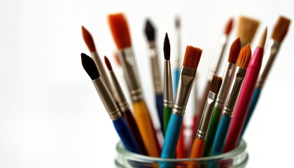 Fototapeta premium Colorful paint brushes in glass jar. Variety of brush types, sizes. Artistic tools. Ready for painting project. Transparent background. Art supplies. Creative tools. Craftsmanship. Visual art.