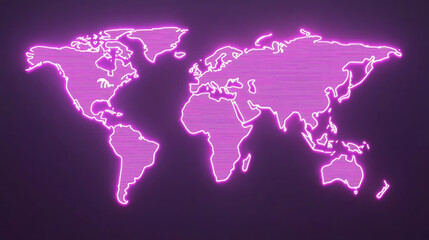 Neon world map in pink glowing outline on dark background