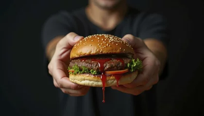 Poster Restaurant Close up of Gourmet Hamburger with Fresh Ingredients and Toasted Bun  © Anarkali Art