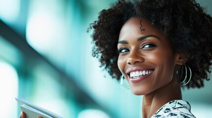 Obraz premium Smiling woman with curly hair holding a notebook looking confidently at the camera in a bright modern office setting