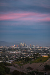 Downtown Los Angeles city skyline at sunset