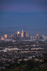 Downtown Los Angeles city skyline at sunset