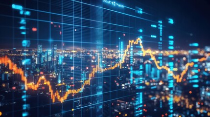 Luminous Financial Zone at Dusk Featuring Pulsing Data Visualization Over a Hypermodern Cityscape with Neon Glow and Negative Space