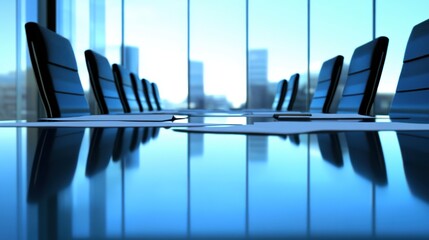 Modern Boardroom Setup Featuring Documents Spread on Table in Overhead Perspective with Natural Lighting and Glass Walls Ideal for Corporate Meetings