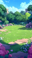 Lush Garden Path, Ancient Ruins Background