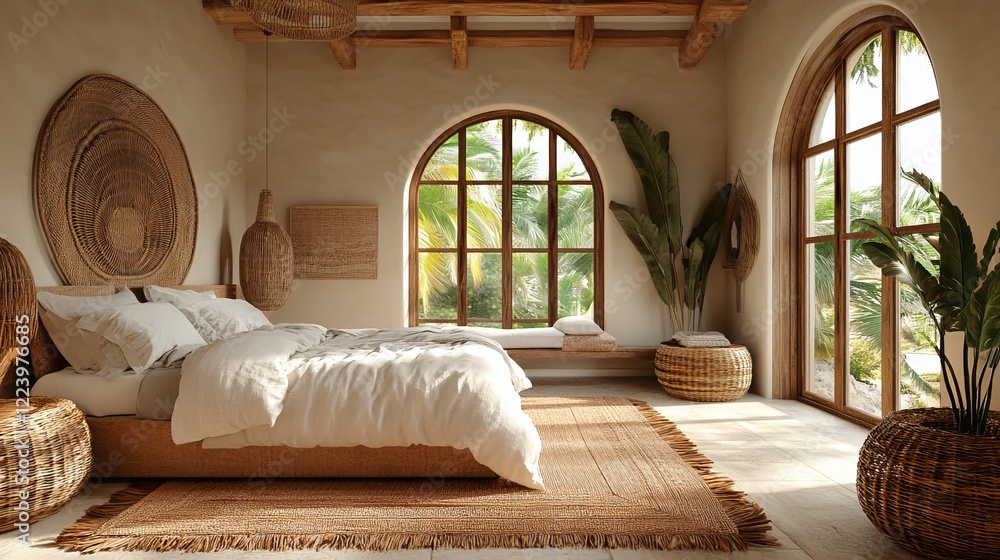 Poster cozy and inviting bedroom featuring a plush bed framed by a large window allowing natural light to f