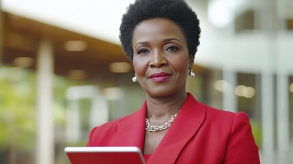 Professional woman reviewing analytics on a tablet in a modern office setting with natural daylight, emphasizing elegance and corporate atmosphere for business context