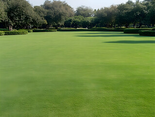 Lush green lawn park, sunny day, trees background, nature scene