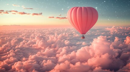 Obraz premium Serene Pink Hot Air Balloon Floating Above Soft Fluffy Clouds at Sunset