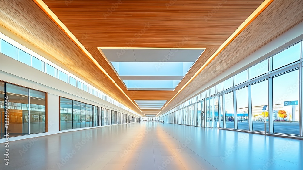 Poster inviting long hallway bathed in natural light from a skylight above creating a warm and welcoming at
