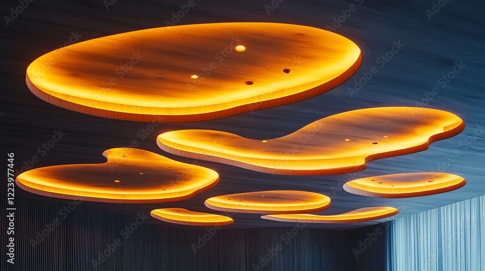 Poster inviting room featuring unique ceiling adorned with warm orange lights creating a cozy and intimate 