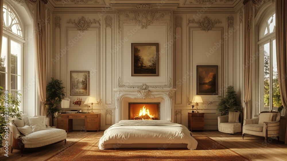 Poster cozy bedroom featuring a warm fireplace with flickering flames and a plush bed surrounded by soft li