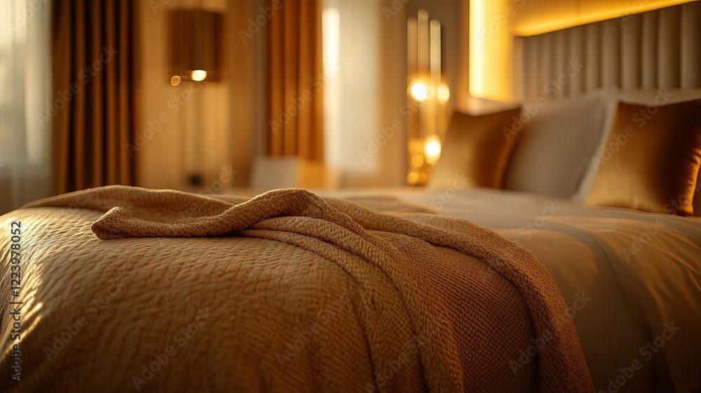 Aufkleber cozy and inviting bedroom with soft blanket draped over a plush bed surrounded by fluffy pillows cre