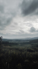 Naklejka premium Tranquil Landscape Under Moody Overcast Sky: A Reflection of Calm and Introspection