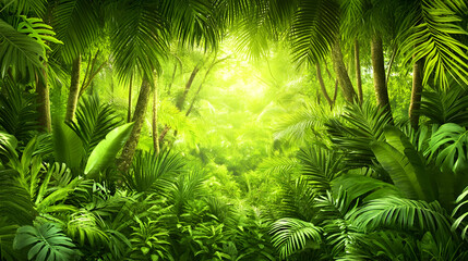 Lush tropical jungle path, sunlight