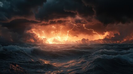 Fototapeta premium Lightning Over Rolling Ocean Waves