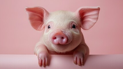 Adorable Pink Piglet Peeking Over Pink Surface