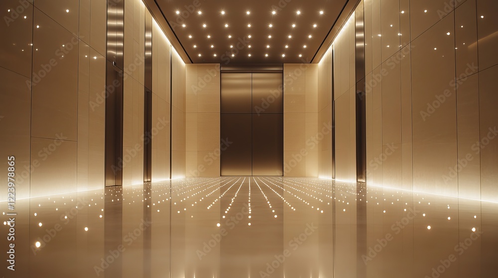 Poster illuminated long hallway with bright lights creating a warm and inviting atmosphere surrounded by sm