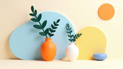 Stylish vases with green leaves against pastel background