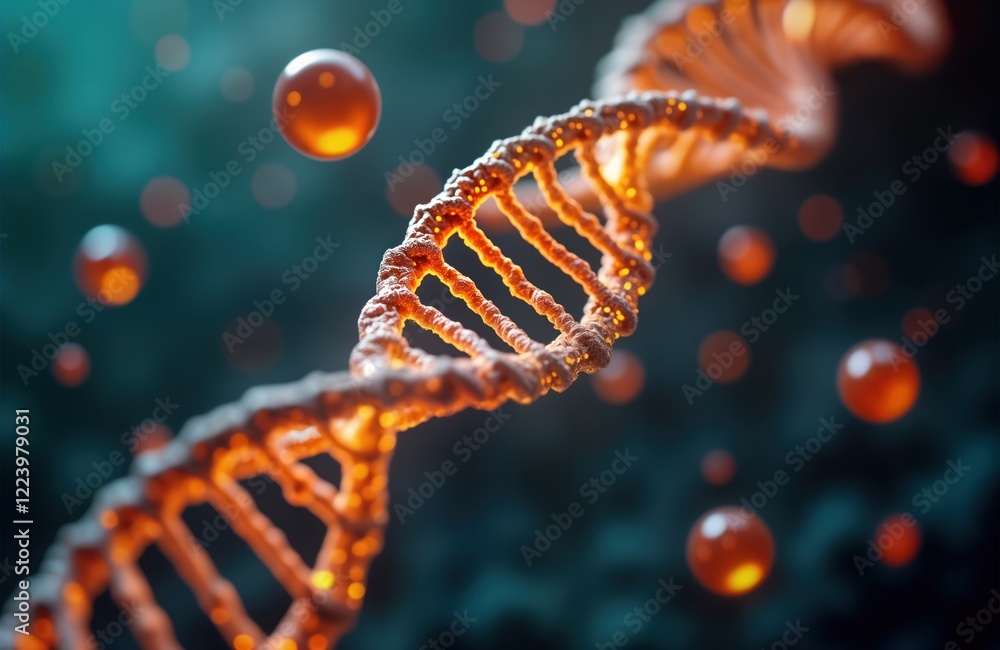 Poster Dynamic 3D render DNA helix structure. Floating molecules surround helix illustrating complex genetic data exchange. Detailed bio tech illustration explores cellular processes, information flow.