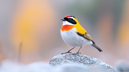 Colorful bird perched on rock, autumn background, wildlife photography, nature website