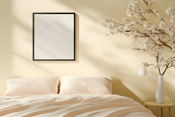 Minimalist bedroom mockup, peach tones, spring blossoms