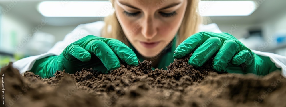 Aufkleber scientist analyzing soil sample with green gloves in laboratory setting with focused expression and 