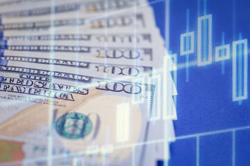 Us dollars and financial chart overlay depicting stock market trends