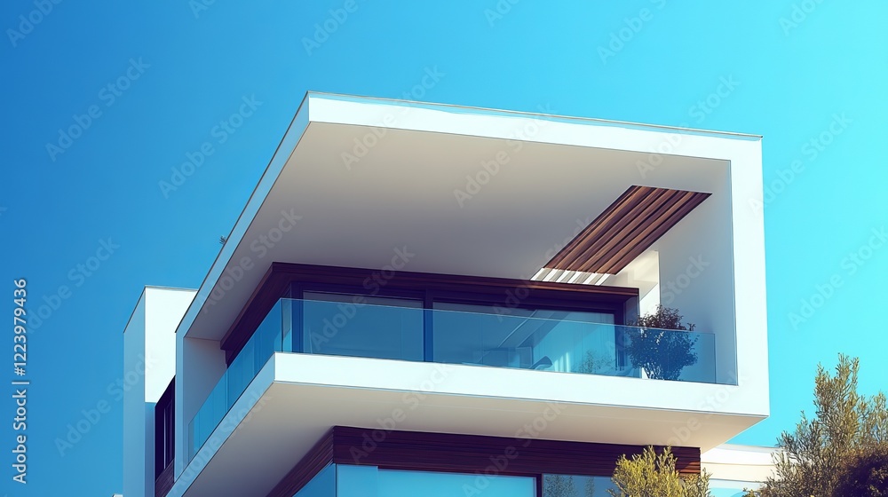 Poster contemporary home design featuring spacious balcony with modern architecture emphasizing clean lines