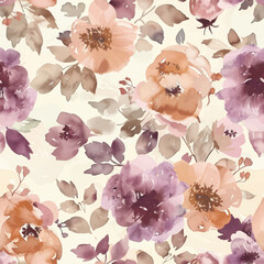 Cute  vintage style, purple and peach color  watercolor floral seamless pattern. Watercolor print in rustic vintage style, textile or wallpapers.