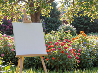 A blank canvas on an easel placed in a sunlit garden, surrounded by colorful flowers and lush greenery, creating a cheerful and inspiring creative setting.