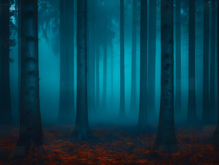 Misty forest path, autumn leaves, blue twilight