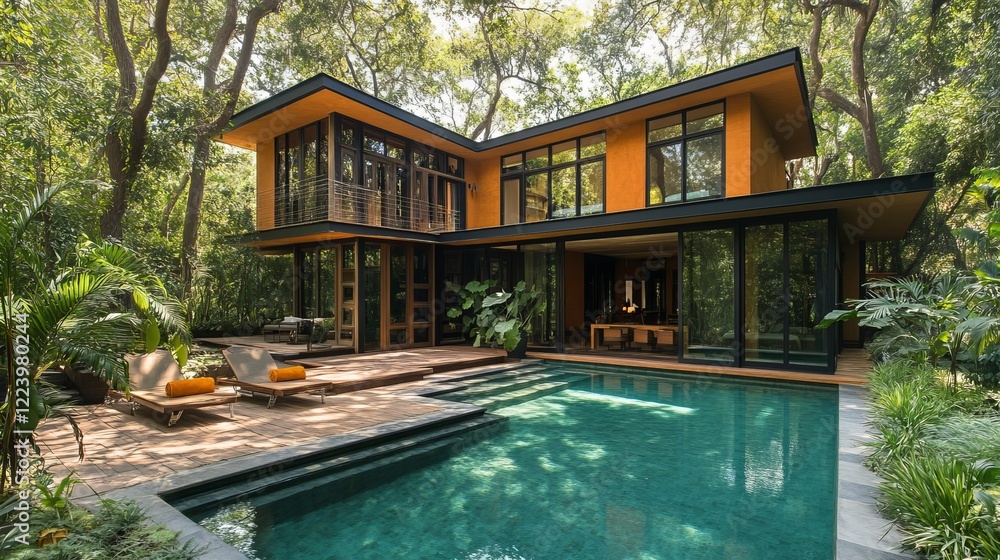 Poster tranquil poolside oasis featuring a comfortable lounge chair under the shade of a large lush tree su