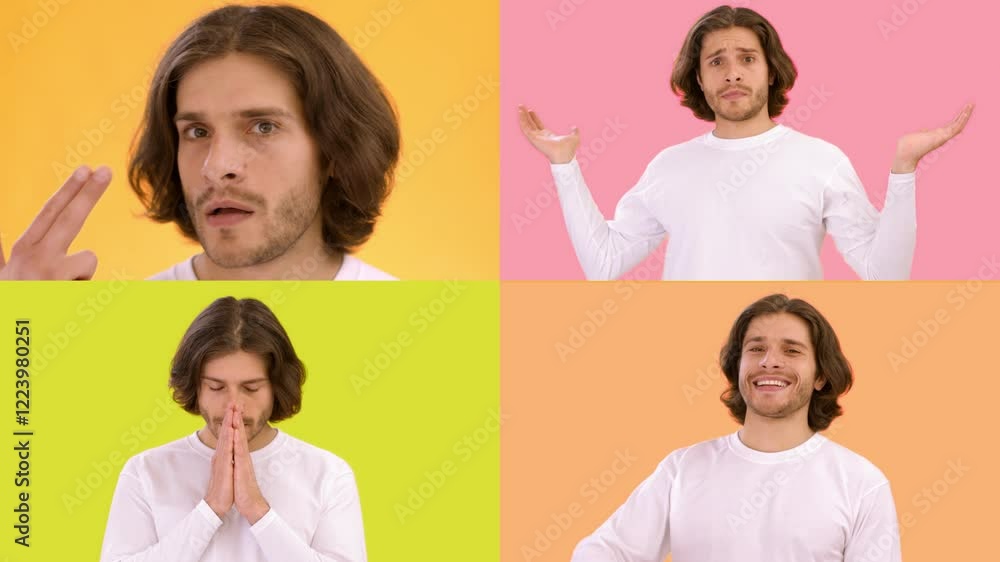 Poster a man with medium-length hair displays a range of emotions through gestures in a colorful collage. s