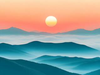 Misty sunrise mountain range landscape