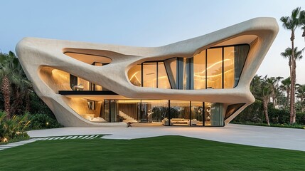 Fototapeta premium Contemporary Architectural Design Featuring a Unique Curved Roof Structure Surrounded by Lush Greenery and a Bright Blue Sky Evoking Modern Elegance and Natural Harmony in Urban Living