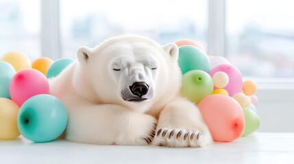 Sleeping polar bear surrounded by balloons, near window, for children's books