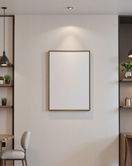 A blank menu canvas placed on a modern, minimalist wall in a stylish coffee shop, surrounded by sleek decor.
