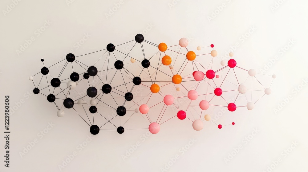 Poster abstract network structure with black and pink spheres on white background in modern design