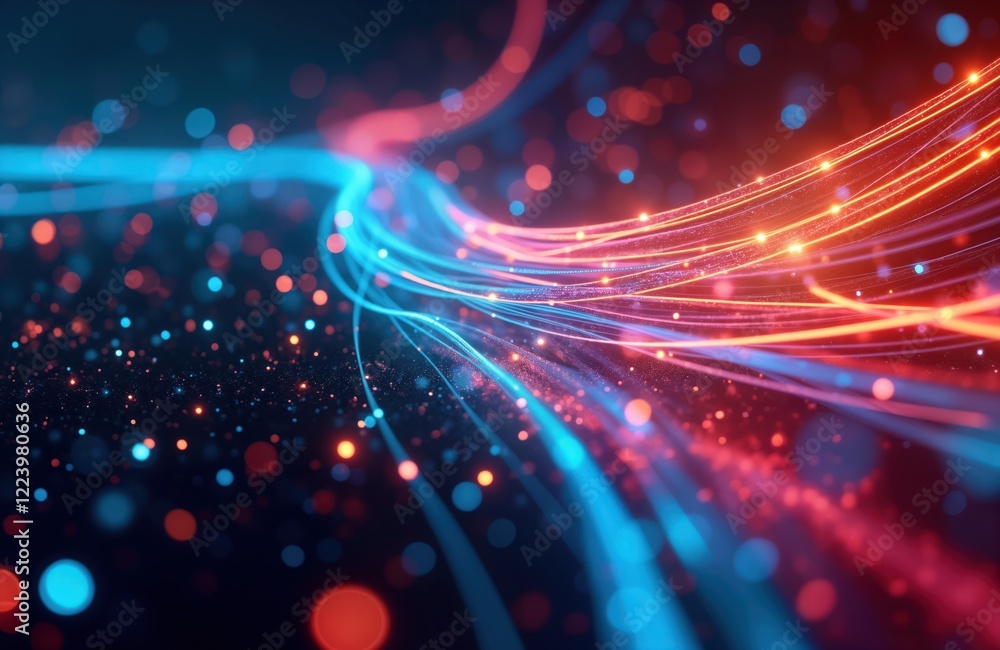 Poster Abstract image shows glowing optical fibers. Intense colors blend. Blue, orange glowing lines create futuristic network. Dark background provides contrast. Modern design for tech concepts. Fast data