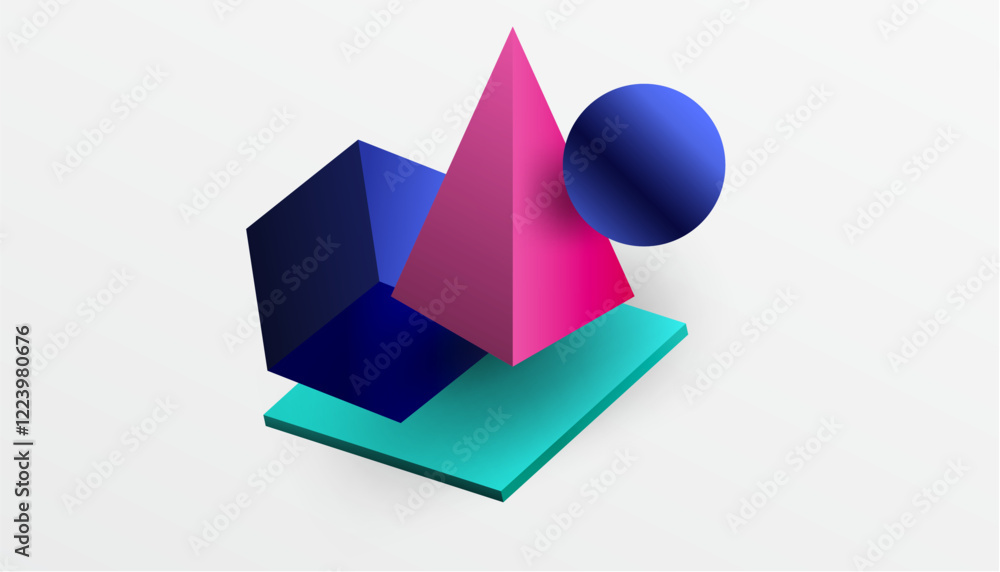 Poster abstract design showcasing isometric cubes, pyramids, squares, and spheres in a vibrant 3d layout. m