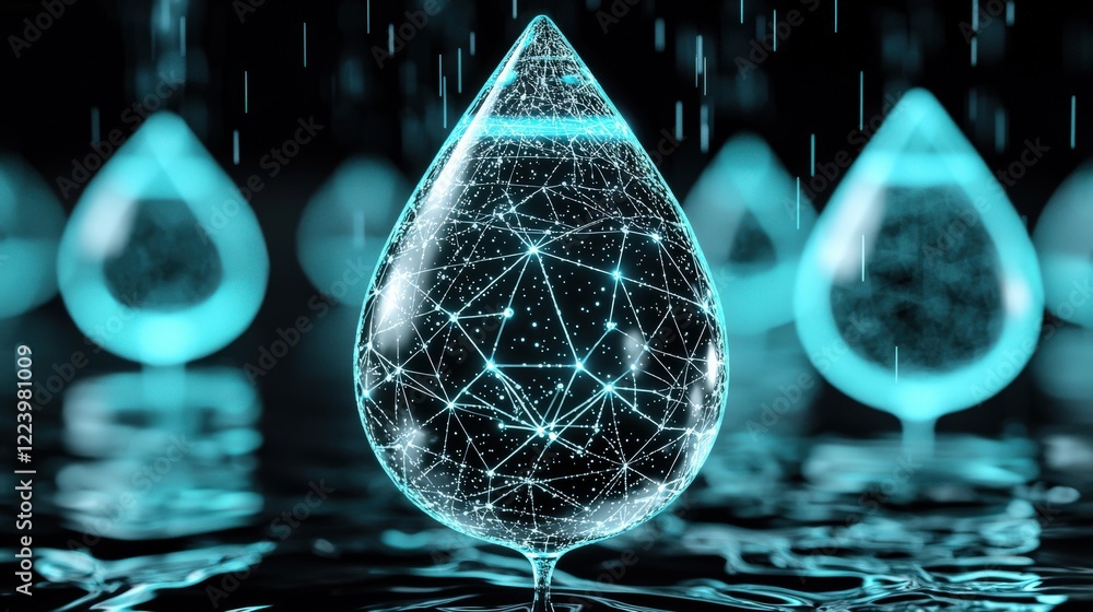 Poster futuristic water drop with digital patterns and abstract connections in modern technology concept