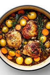 Braised Chicken Thighs with Potatoes, Carrots, and Herbs in a Dutch Oven