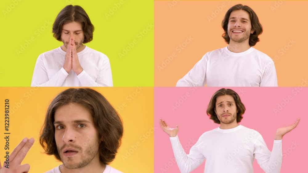 Aufkleber A man displaying various emotions through gestures against bright, bold backgrounds. Each quadrant features different expressions and hand movements, highlighting his versatility.