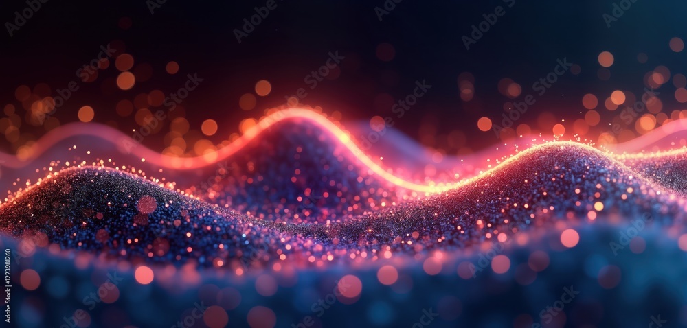 Poster abstract digital particles create wavy shapes. vibrant colors like blue purple red, gold flow smooth