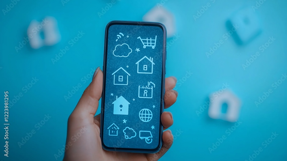 Poster hand holding smartphone displaying smart home app icons.
