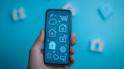 Obraz premium Hand holding smartphone displaying smart home app icons.