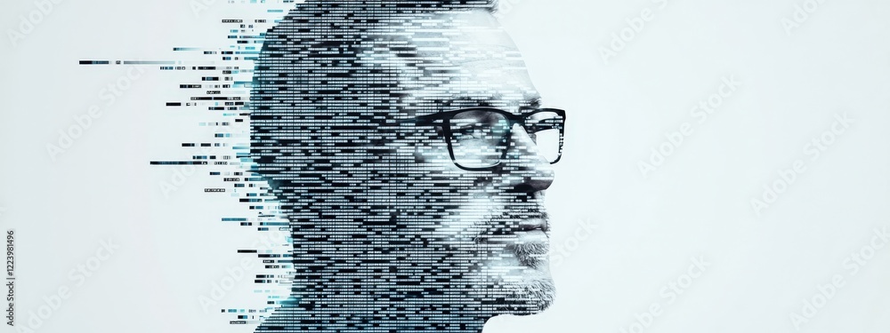 Poster futuristic portrait of a man with digital distortion and abstract elements in a modern art style