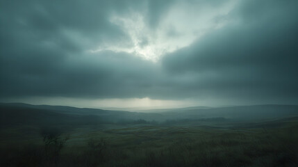 Tranquil Landscape Under Moody Overcast Sky: A Reflection of Calm and Introspection
