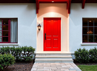 Flat view of a fiery red front door set against a white wall and sleek black steps.